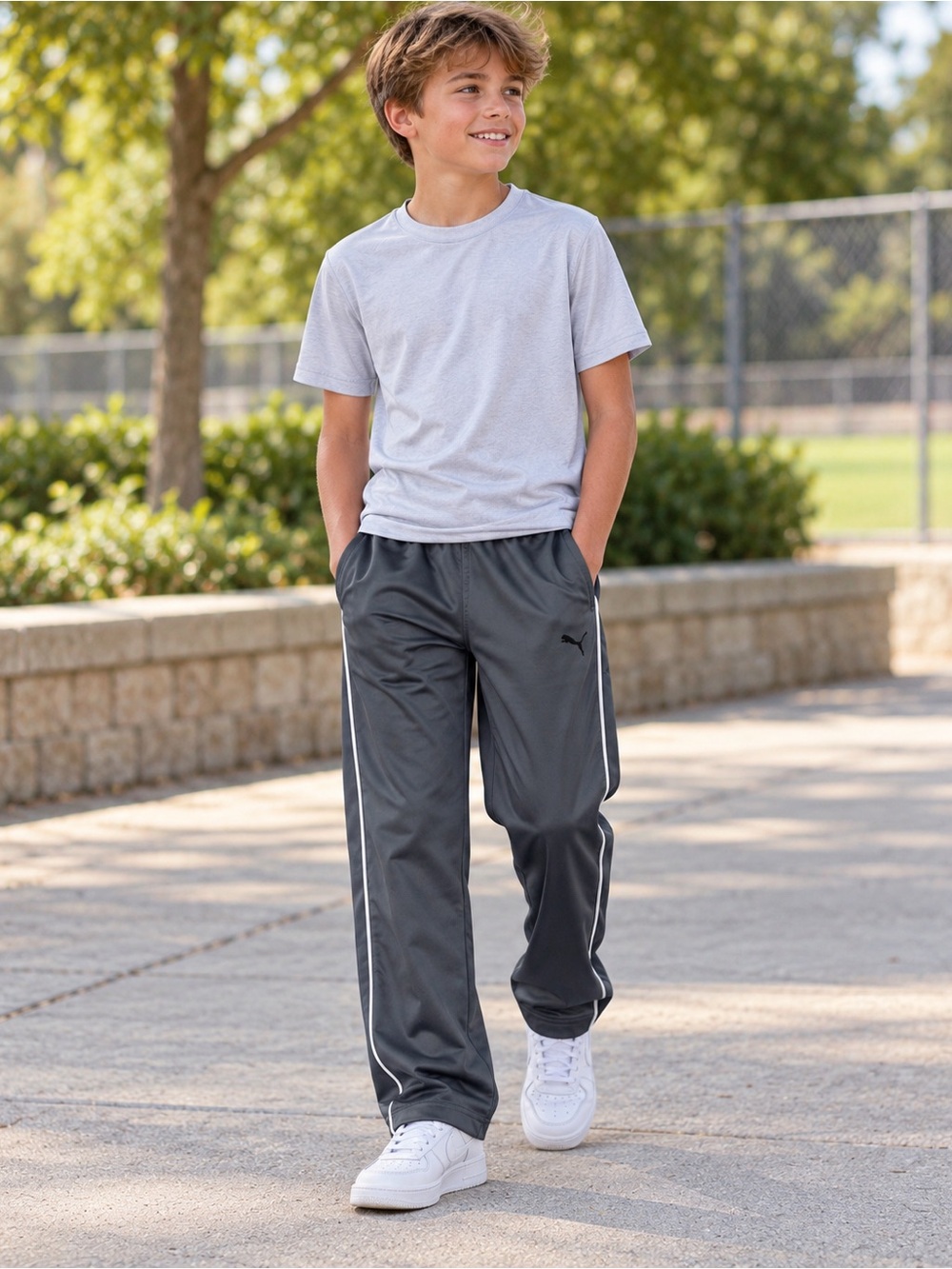 PUMA Boys XL 18–20 Charcoal Gray Track Pants White Piping NWT
